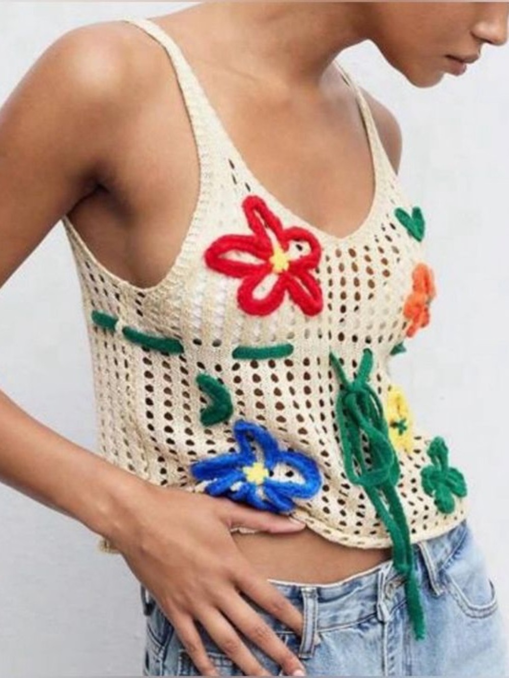 Zara Cream Crochet Tank Top with Multicolor Floral Appliqués